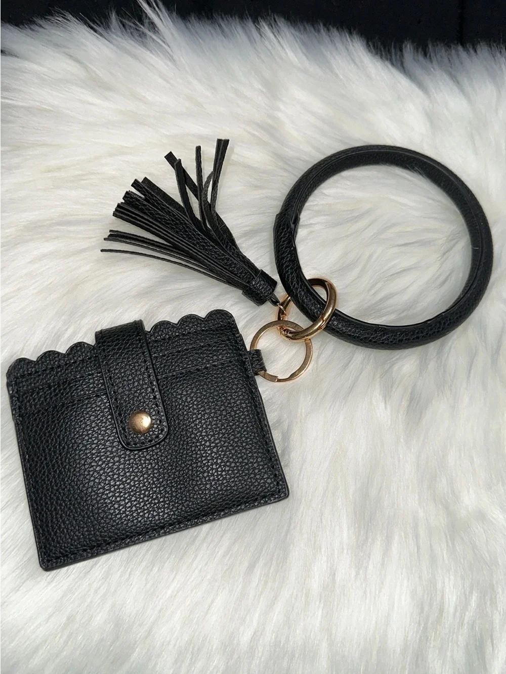 Black Leather Wristlet Card Holder with Tassel Keyring
